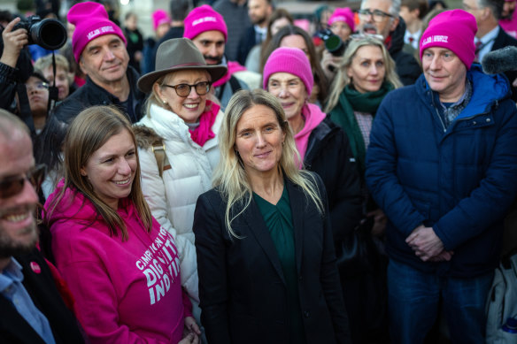 Labour MP Kim Leadbeater, centre, who proposed the landmark private member’s bill on assisted dying, meets campaigners after the vote was passed.