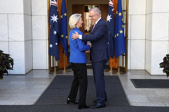 European Commission President Ursula von der Leyen meeting Prime Minister Anthony Albanese at Parliament House in Canberra earlier today.