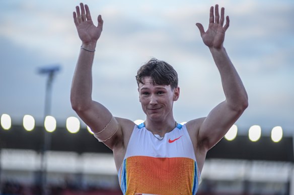Lachlan Kennedy of Australia celebrates after winning the men’s 100m race at the Kip Keino Classic  in Kenya. 