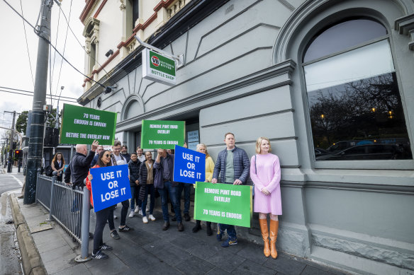 Punt Road property owners gathered outside the Arcadia Hotel in South Yarra on Saturday.