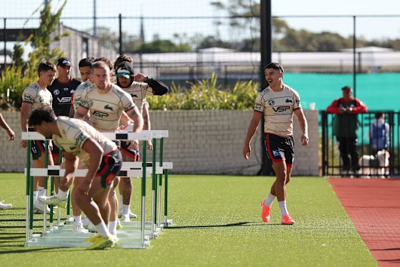 Rabbitohs debutant Latrell Siegwalt (pink boots) trains at Heffron Park on Friday morning.