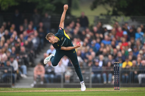 Cameron Green bowling in the UK in September.