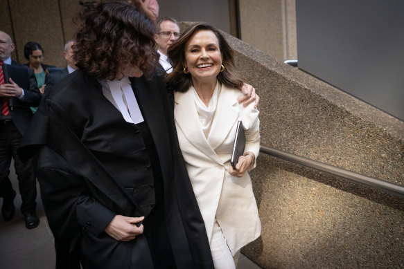 Lisa Wilkinson departs the Federal Court in Sydney with her barrister, Sue Chrysanthou, SC.
