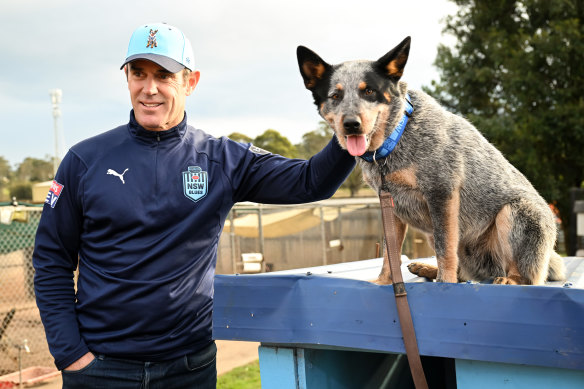 Brad Fittler with Bruce, the NSW Blues’ Blue Heeler mascot.