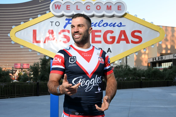 Roosters skipper James Tedesco poses for photos outside Resorts World in Las Vegas on Wednesday evening.