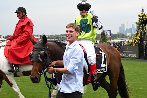 Craig Williams riding Buggsy after winning race 2, the Hkjc World Pool Red Anchor Stakes.