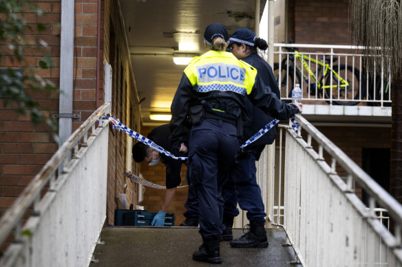 Police at the North Bondi apartment on Tuesday.