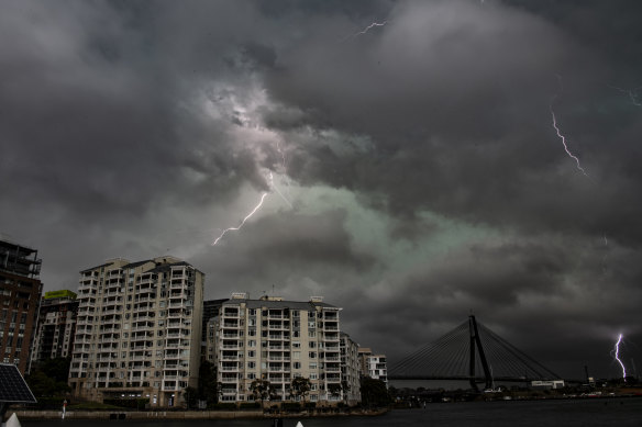 A severe supercell thunderstorm tracks south-east over Pyrmont in Sydney.