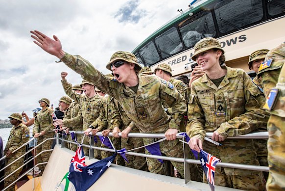 Army cadets during Ferrython, where four Sydney Ferries race up and down Sydney Harbour.
