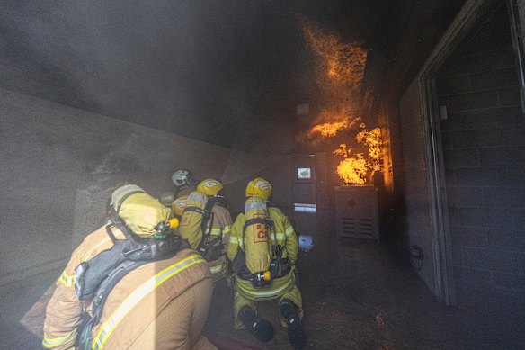 The simulated “flashover” in the kitchen fire. 