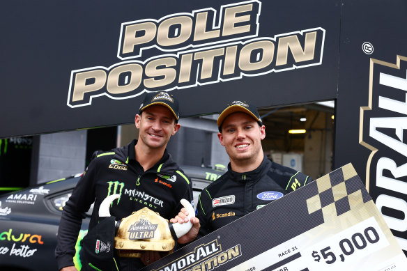 Cameron Waters celebrates pole position with co-driver Will Davison. 