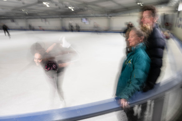 Danielle O’Brien and Greg Merriman oversee one of their students, Aaliyah Medina, at Ice Zoo in Alexandria. 