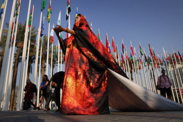 An activist dressed in a robe imprinted with the picture of a forest fire in Dubai.