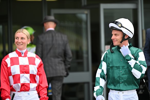 Jockey Ben Melham (right) is the son of Mandy, who has been banned by Racing Victoria. Ben is pictured here with wife Jamie.