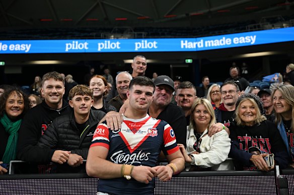 Blake Steep with his family and friends after his NRL debut in 2024.