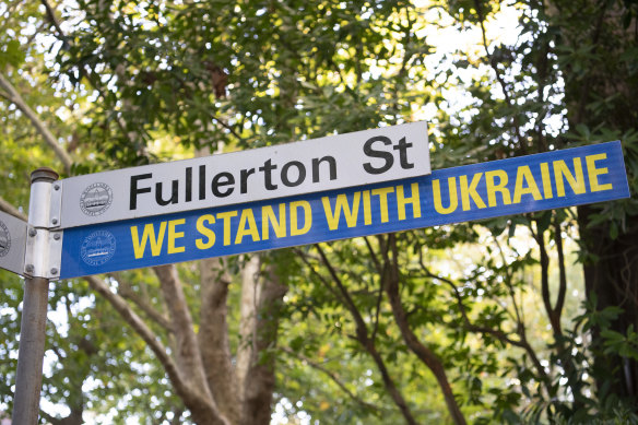 Boikov’s apartment in the Russian consulate overlooks street signs and posters on other diplomatic buildings supporting Ukraine.