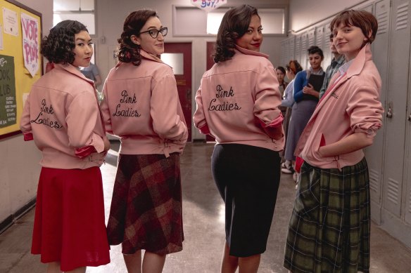 Tricia Fukuhara as Nancy Nakagawa, Marisa Davila as Jane Facciano, Cheyenne Wells as Olivia Valdovinos and  Ari Notartomaso as Cynthia Zdunowski in Grease: Rise of the Pink Ladies.