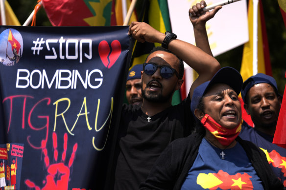 Members of the Tigrayan community protest against the conflict between Ethiopia and Tigray rebels in Ethiopia’s Tigray region, outside the the United Arab Emirates embassy in Pretoria, South Africa last month.