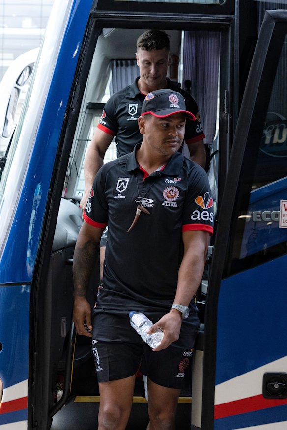 Latrell Mitchell and Jack Wighton on Monday.