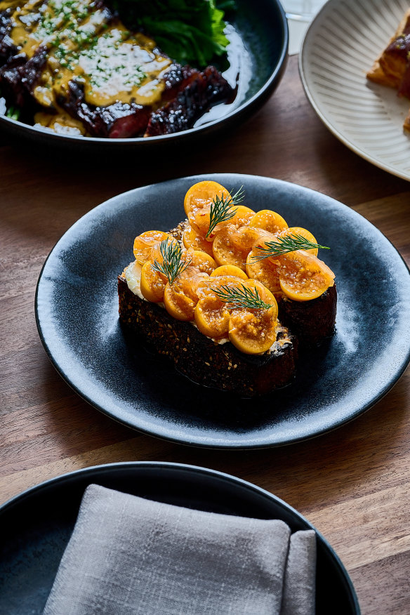 Cape gooseberries and labne on charred sourdough.