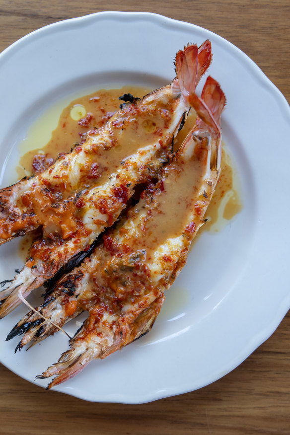 Charcoal king prawns.