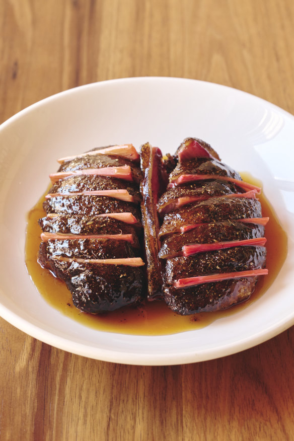 Duck on the crown with rhubarb and fish-sauce caramel.