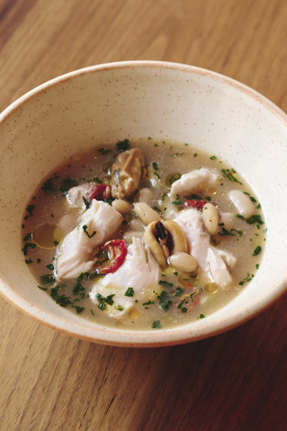 Fish in crazy water with mussels, herbs and semi-dried tomatoes.
