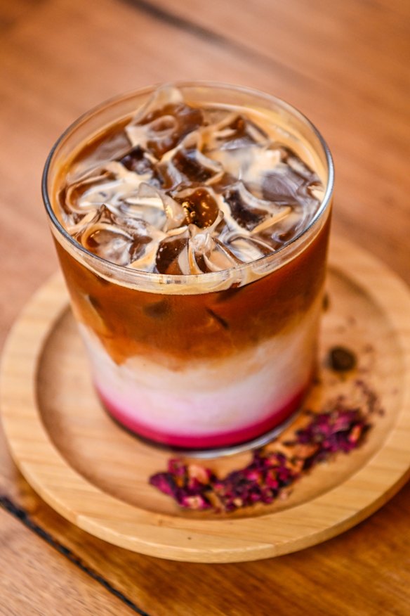 Specialty coffee drinks include the ‘dirty rose iced latte’.