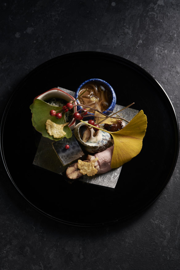 Monkfish liver, sobagaki, bo-zushi and periwinkle.