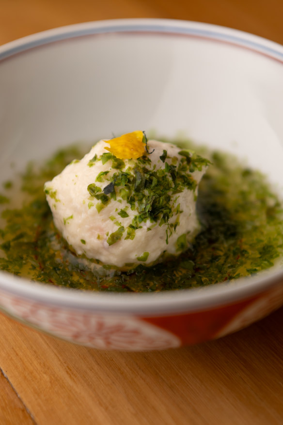 Scallop fishcake with sticky seaweed sauce on yuzu.