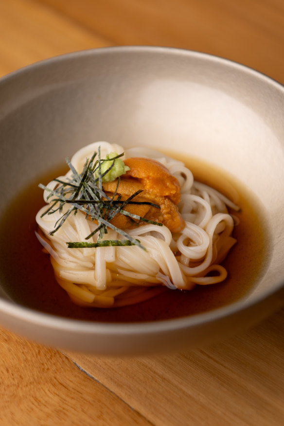 Thin udon noodles with sea urchin and wasabi.