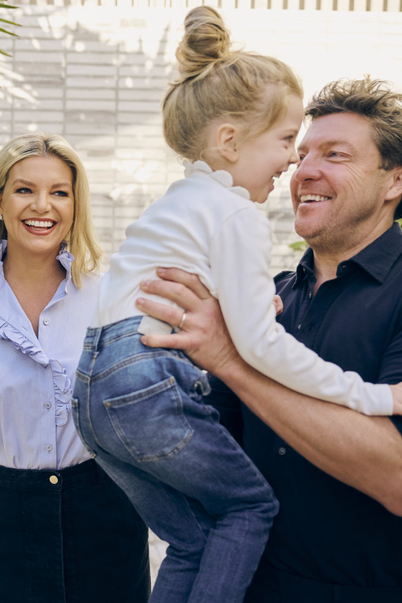 Rebecca Maddern, with husband Trent Miller and five-year-old daughter Ruby: “I don’t think
there’s much opportunity
for loneliness.”