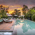 The retreat’s lap pool is shaded and private.