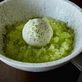 Vacherin, melon, coconut sago and pandan ice-cream.