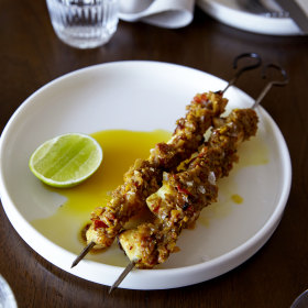 Toothfish skewers with prawn and lemongrass sambal.