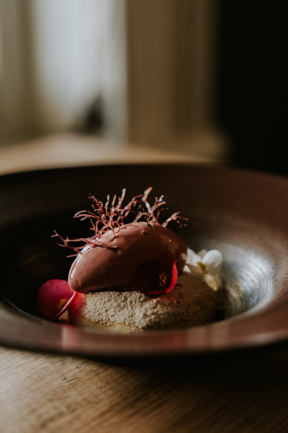 Pickled prune chutney, mushroom soil and shitake ice cream,
