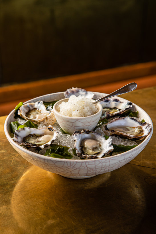 Rock oysters with lemon pepper granita.