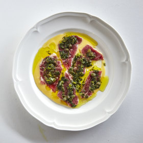 Beef carpaccio with bone marrow aioli.