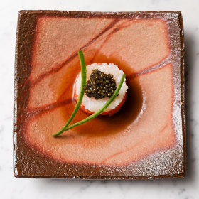 Huon salmon and Hokkaido scallop stack.
