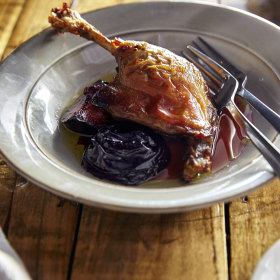 Confit duck leg with blood plum.