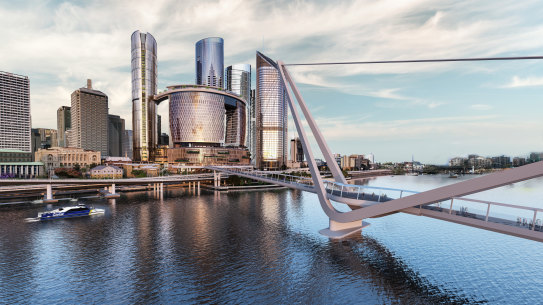 An artist’s impression of Queen’s Wharf Brisbane and the Neville Bonner Bridge, both under construction.