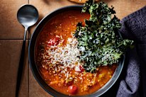 Take this comforting tomato and lentil soup to the next level with kale and parmesan crisps.