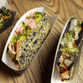 Smoky soy chicken taco (left), perfect plant taco and miso salmon taco.