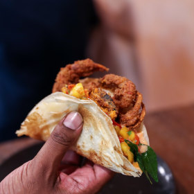Soft shell crab taco with mango salsa. 