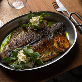 Whole trout with egg salad.