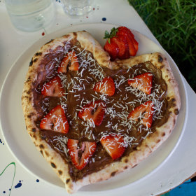 Black cherry gelato and Heart-shaped Nutella and strawberry dessert pizza.