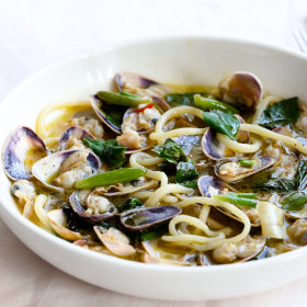 Pici, pipis, warrigal, garlic, chilli urchin bottarga, karkalla.