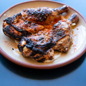 Spatchcock pollo with garlic toum and kashmiri chilli.