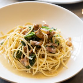 Cime di rapa and pancetta spaghetti.