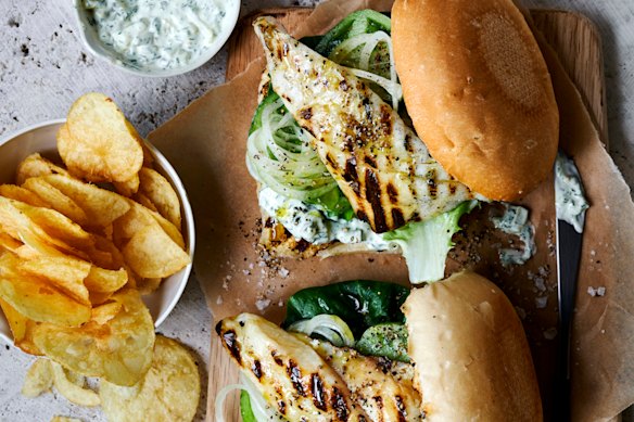 Barbecue fish burgers with easy tartare sauce.